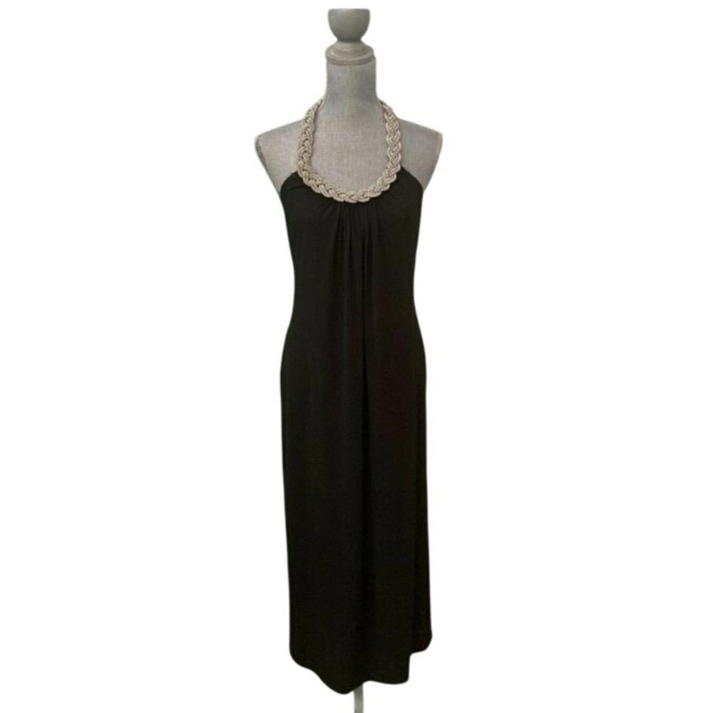 Y2K Spense Silver Braided Beaded Neckline Black Halter Maxi Dress 10 Party Glam